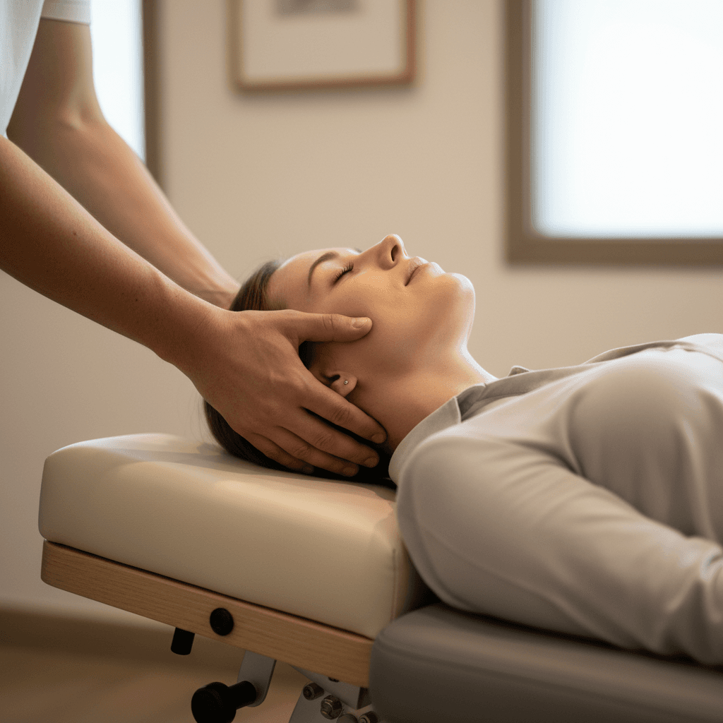 Chiropractor performing cervical spine adjustment