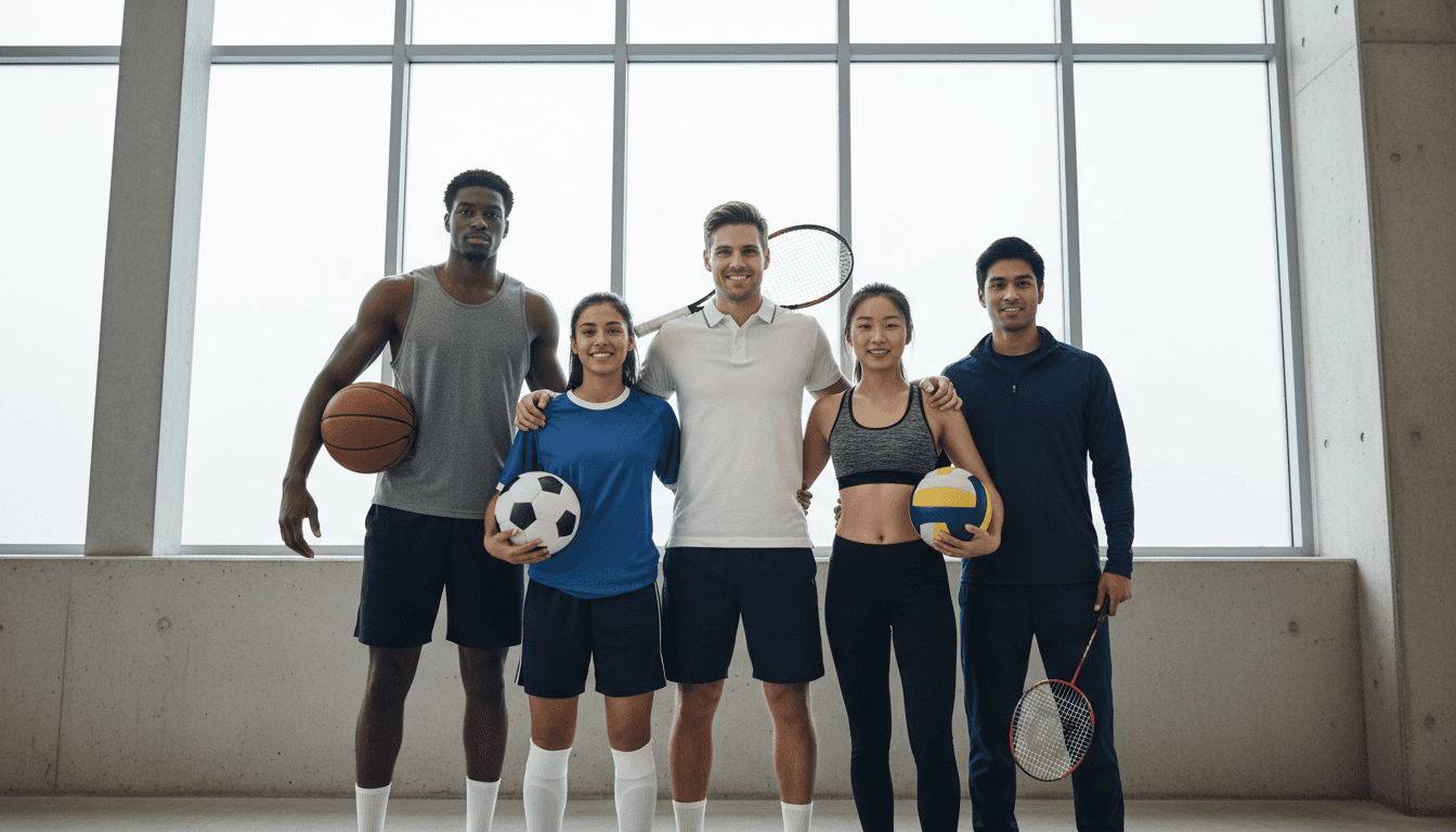 Diverse group of five young athletes in athletic wear posing confidently together representing multiple sports