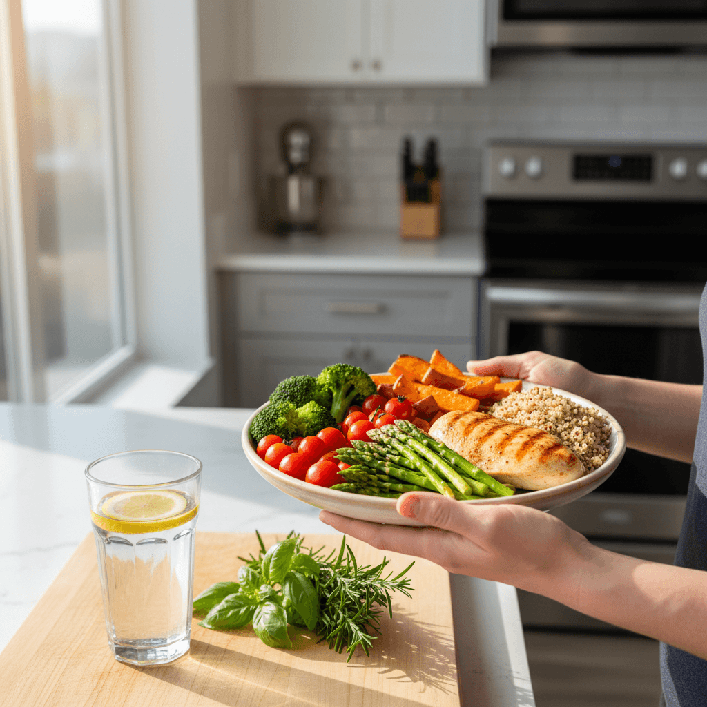 Hands holding plate of fresh vegetables and lean protein in bright modern kitchen with natural window light