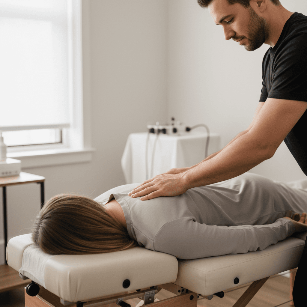Chiropractor performing spinal adjustment on patient's upper back with skilled hands in clinical treatment room