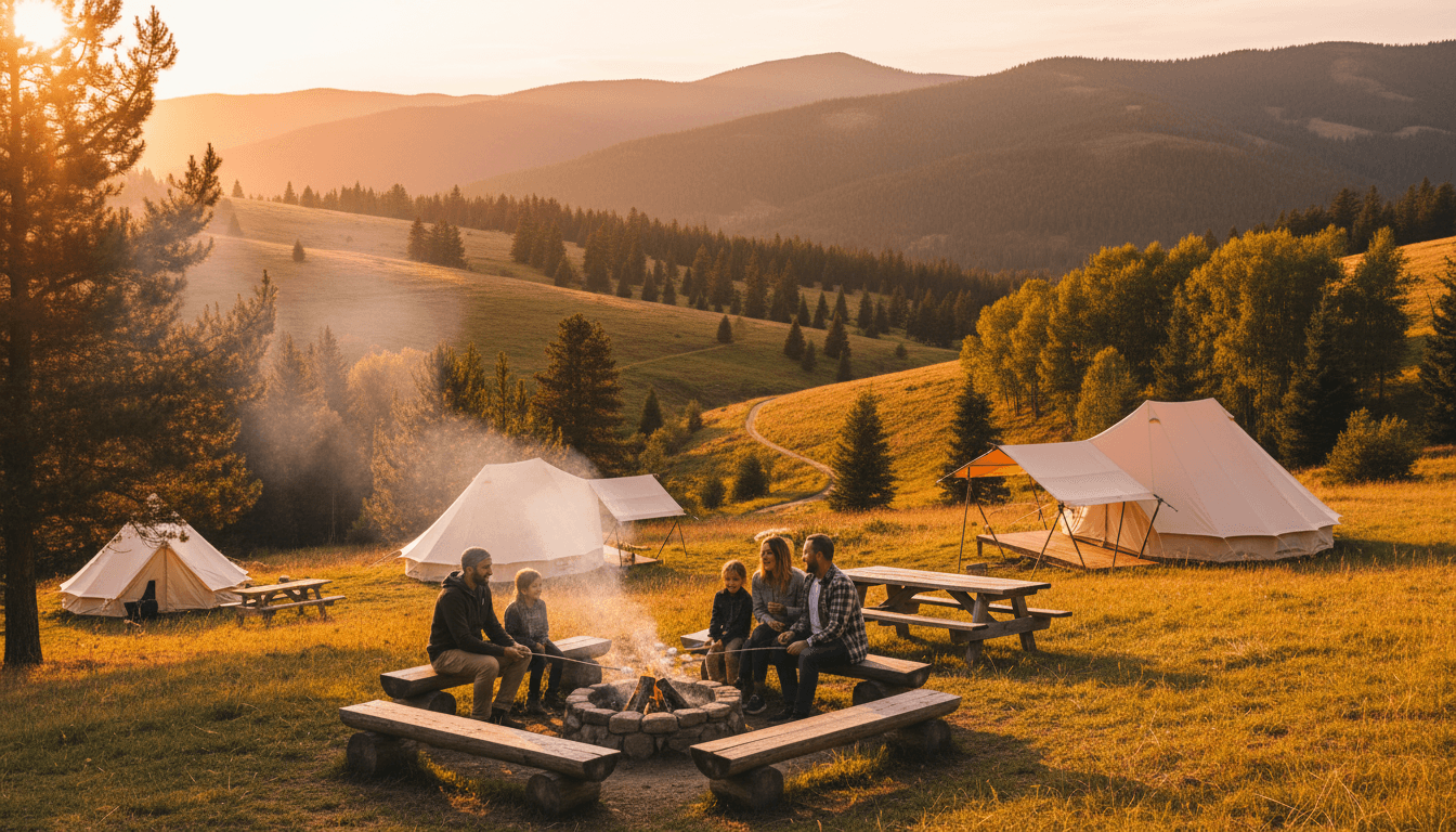Family of four gathered around outdoor fire pit with tents and mountains visible at golden hour in scenic campsite